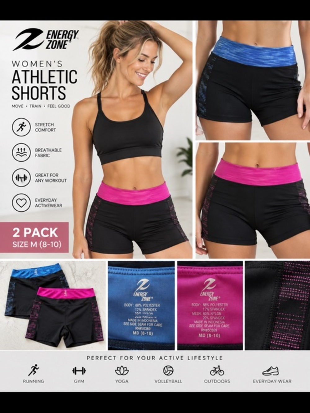 Energy Zone Bundle 2 Black Athletic Compression Shorts Size Medium 8 10